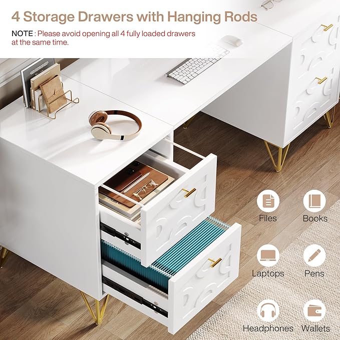 Tribesigns White Executive Desk 59 White and Gold Modern Desk with 4 File Drawers Luxury Writing Table Elegant Computer Office Table for Home Office Study Bedroom