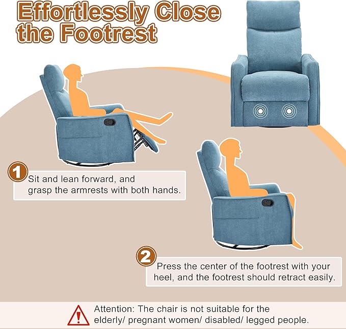 Manual 360° Swivel Rocker Recliner Chair for Adults Overstuffed Glider Chair for Nursery with Vibration Massage and Heat Comfy Soft Fabric Glider with Side Pockets for Living Room Blue