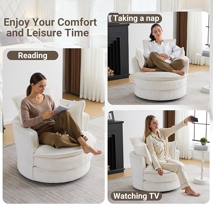 Karl home Swivel Barrel Chair-Corduroy360 Degree Modern Lounge Armchair ChairComfy Round Accent Single Sofa Chair with 3 Pillows for Living RoomBedroomLoungeHotelBeige
