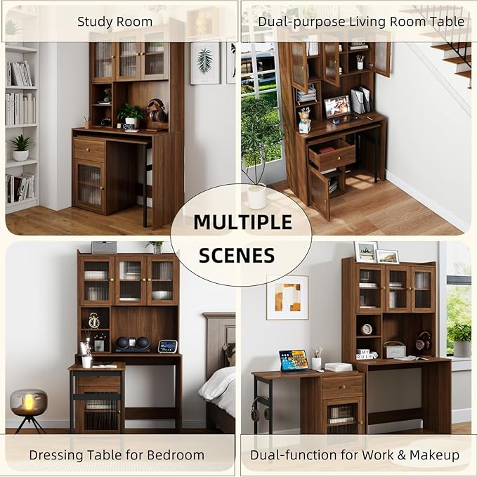 KEIKI L Shaped Home Office Desks with 90° Rotating Retractable Desktop Glass Door Hutch Drawers Bookshelf &amp Storage Shelves Modern Gaming Computer Corner Table for Work Study Writing Walnu