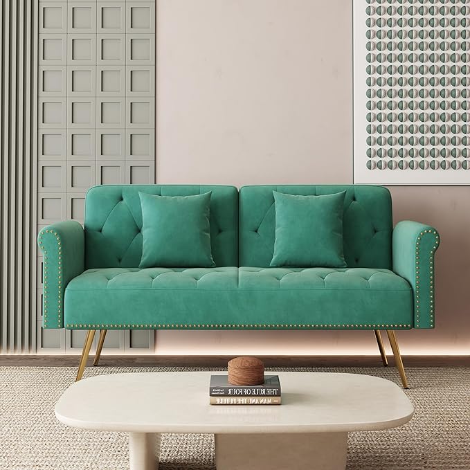 Modern Velvet 2 in 1 Futon Sofa BedConvertible Folding Sleeper Bed Couches with 2 Pillows73 Tufted Recliner Love Seat with Golden Chrome Legs for Living Room Apartment Office (Green)