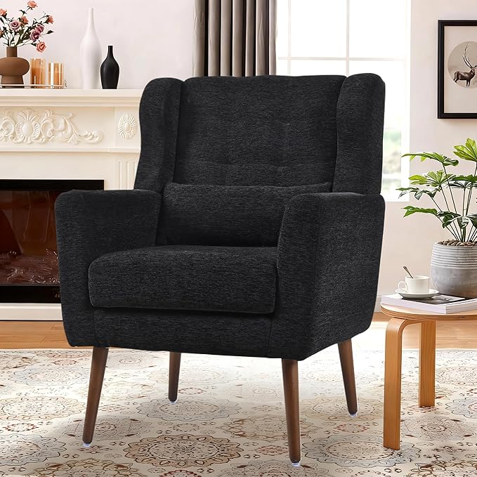 Modern Accent Chair Upholstered Armchair with Pillow Fabric Single Sofa Chair with Lounge Seat Solid Wood Legs Accent Chair for Living Room Bedroom Small Spaces(Black)