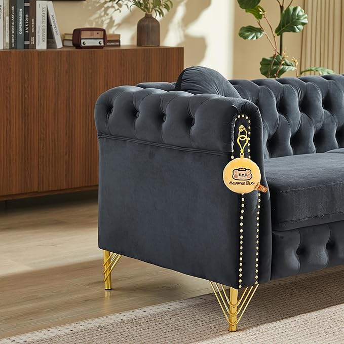 ERYE 37-Inch Chesterfield Button Tufted Single Sofa with Round Pillow Single Seat Velvet Tufted Sofa W/Nailhead DecorRing Accent &amp Golden Legs