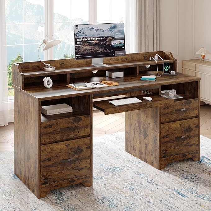 Bestier Farmhouse 59 Executive Desk with Drawers Wood Computer Desk with Charging Station Home Office Desk with Keyboard Tray &amp Monitor Stand Sturdy Pedestal Desk for Work Study Rustic Brown