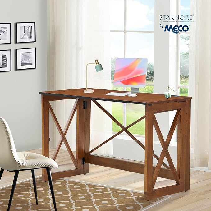 MECO Stakmore 110 Volt Stylish Versatile Expandable Folding Desk with Built in Outlets for Home Office Den or Living Room Fruitwood