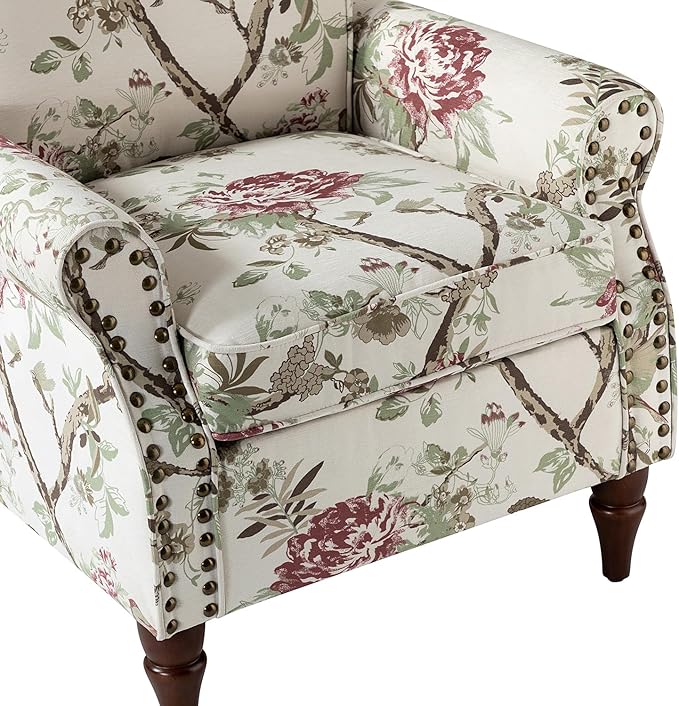 HULALA HOME Modern Wingback Accent Chair with Wood Legs &amp Removable Cushion Comfy Upholstered Armchair with Nailhead Trim Floral Pattern Sofa Chair for Bedroom Living Room Floral