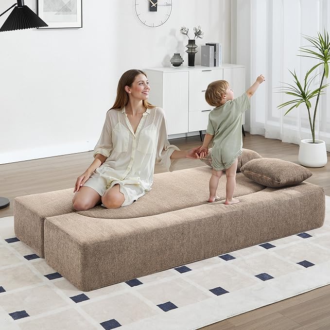 Folding Sofa Bed Convertible Futon Sleeper Bed 2-in-1 Foldable Floor Mattress with 2 Pillows Breathable High-Density Foam Lazy Couch Comfy Lounge Chair Brown