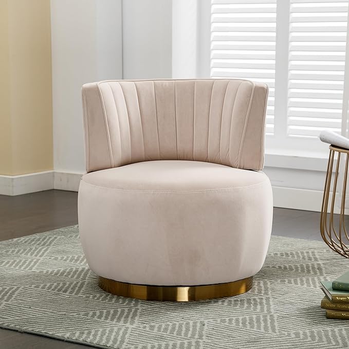 25.2 360 Degree Swivel Barrel SofaRound ArmchairsUpholstered Velvet Sofa ChairComfy Round Accent Sofa Chair for Living RoomBedroomOfficeWaiting RoomsBeige
