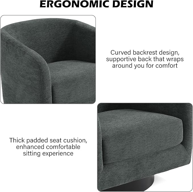 Swivel Barrel Accent Chair Modern Round Chenille Fabric Arm Chair for Living Room Bedroom Comfy Club Reading Chairs for Adults（Chenille Fabric Grey Set of 2