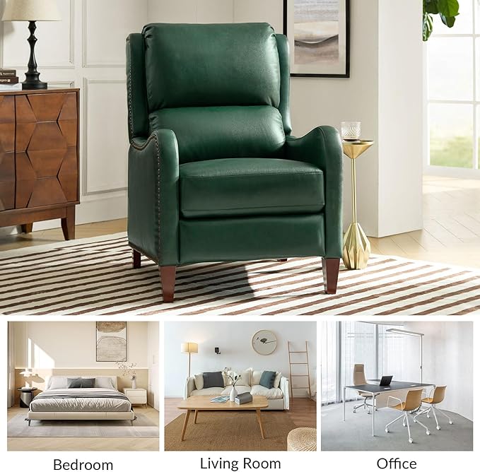 HULALA HOME Genuine Leather Recliner Chair Modern Push Back Recliner Armchair with Thick Seat Backrest &amp Footrest Nailhead Decor for Living Room Bedroom Green