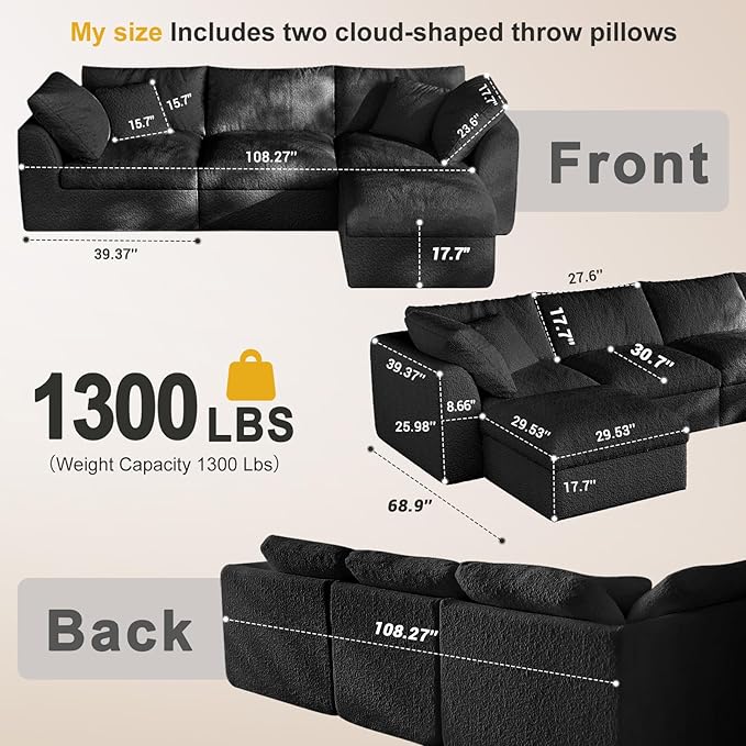 Cloud Sectional Couches108 L-Shape Sofa Modular Sectional Sofa for Living Room Freely Configurable Deep Seating Non-Slip Bottom No Assembly Required(Black 3 Seater+1 Ottoman)