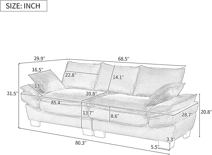 Merax 85.4 Modern Curved Corduroy Fabric Sofa Back Upholstered Couch with 2 Decorative Throw Pillows for Living Room Bedroom Apartment Gray