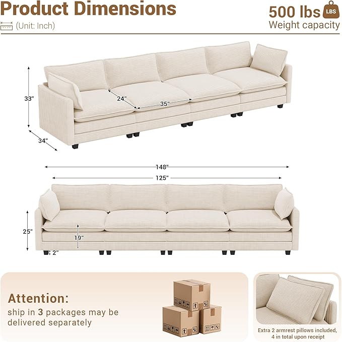 4 Seat Modular Sofa 148'' Oversized Modern Corduroy Sectional Couch with 4 Pillows Upholstered Cloud Deep Seat Sofa for Living RoomBeige