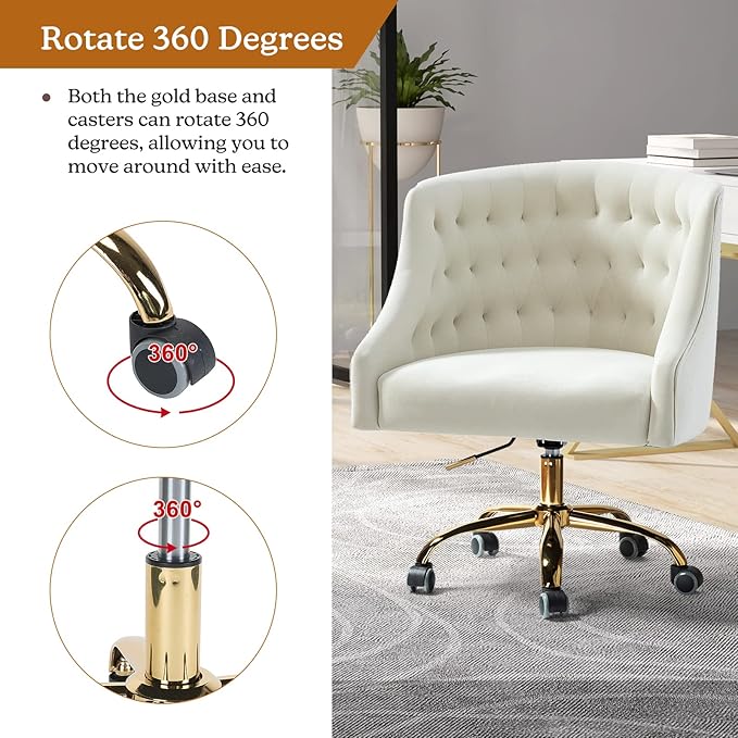Velvet Home Office Chair with Gold Base Comfortable Modern Cute Desk Chair Adjustable Swivel Task Chair for Living Room Bedroom Vanity Study Ivory