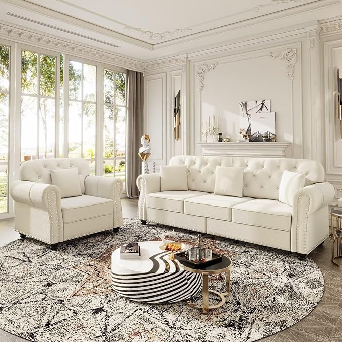 Beige Velvet Chesterfield Sofa Set with Button Tufting &amp Nailhead Trim 3-Seater Sofa 1-Seater Armchair &amp Ottoman Rolled Arms Modern Classic Living Room Furniture for Cozy Home Decor