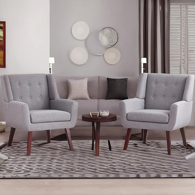 HUIMO Accent Chair Set of 2 Arm Chair Button Tufted Upholstered Reading Chair Linen Fabric Mid Century Modern Chairs for Bedroom Living Room Chair(2Light Grey)