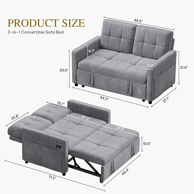 YITAHOME 55 Convertible Sofa Bed 3-in-1 Sleeper Sofa with Pull-Out Bed Cat-Scratch-Proof Futon Couch with 5-Levels Reclining Backrest USB and Side Pocket Modern Loveseat for Living Room Grey