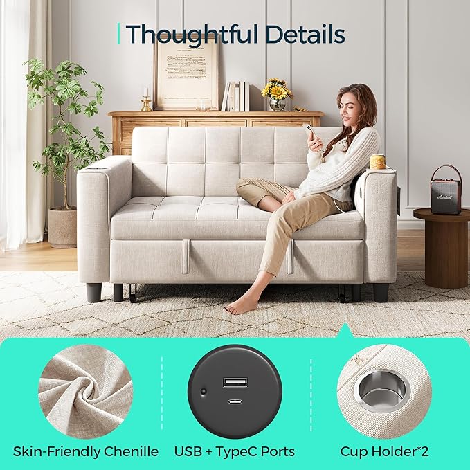 LINSY 3-in-1 Convertible Sofa Bed 54 Pull Out Sleeper Sofa with Charging Station &amp Cup Holder Small Folding Loveseat with Side Pocket for Small Space Corduroy Couch Beige