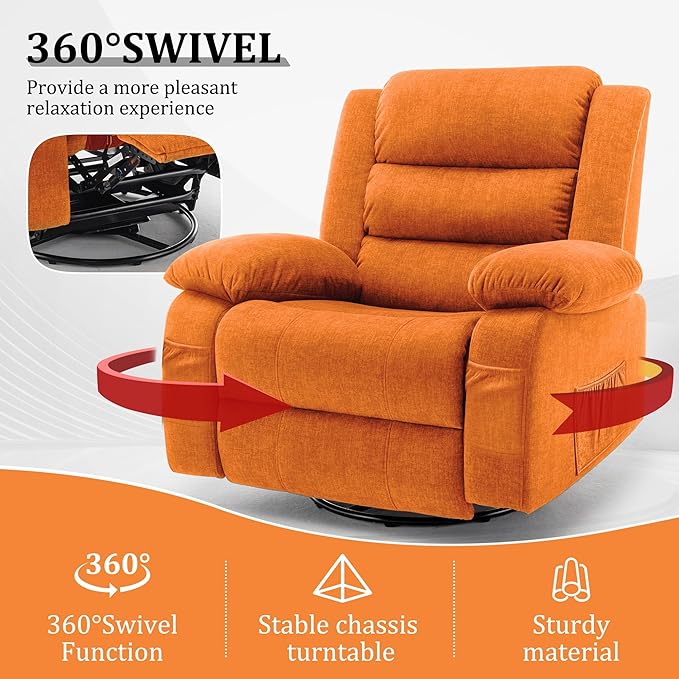Recliner Chair Wide Rocker Chair Rocking Chair with Massage and Heat360°Swivel Nursery Rocking Chairs Oversized Recliner for Adults Cashmere Reclining Sofa for Living Room Orange