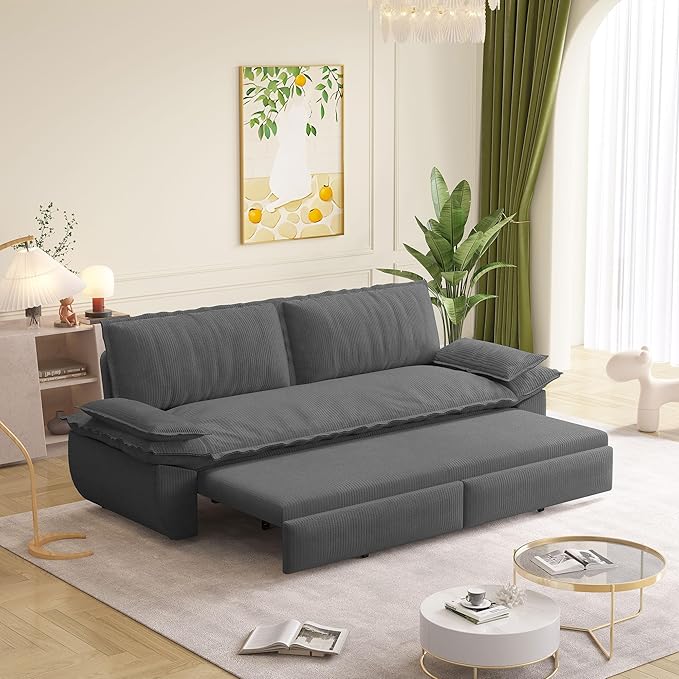 73.2 Queen Size Pull Out Sofa Bed 3-in-1 Convertible Sleeper Corduroy Loveseat for Living Room Apartment Bedroom Small Spaces Dark Grey (Mattress &amp Bedding Not Included)