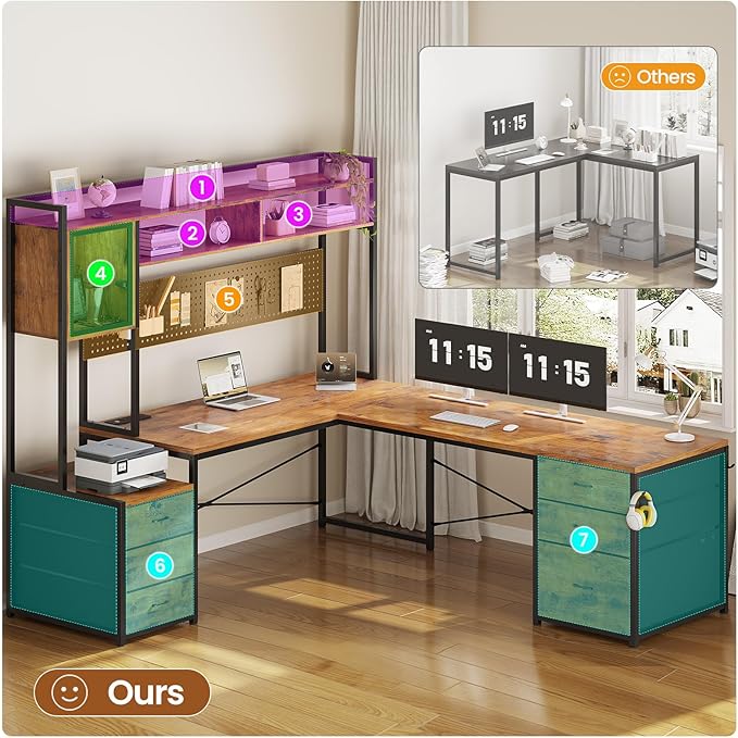 SEDETA L Shaped Gaming Desk with 6 Drawers Reversible Computer Office Desk with File Drawer Hutch Storage Shelves Gaming Corner Desk with Led Lights Power Outlet for Two Person Rustic Brown