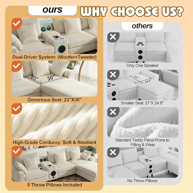 114 Corduroy Sectional Modular Couch with Speakers L Shaped Couches Comfy Deep Sofa with Console USB Charger Cup Holders Storage Ottoman for Living Room (Beige 114in)