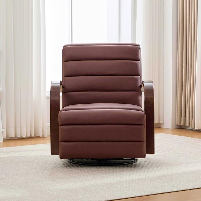 KEIKI 30.3 Upholstered Swivel Accent Chair with Solid Wood Armrests Comfy PU Lounge Single Sofa Chair 360° Swivel Armchair Sofa Chairs for Living Room Bedroom Office Brown