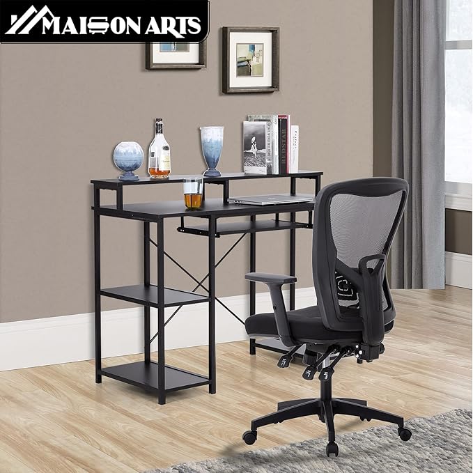 MAISON ARTS Black Computer Desk with Hutch Storage Shelves &amp Keyboard Tray Home Office Writting Large Desk Study Modern PC Table for Bedroom Work Gaming