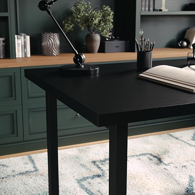 Martha Stewart Beckett Modern Trestle Desk with Open Side Shelving in Black Wood Grain Finish