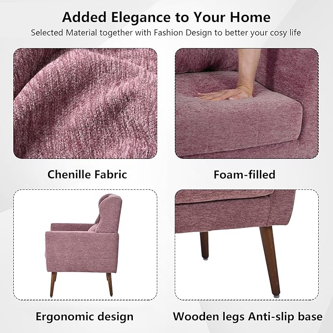 Modern Accent Chair Chenille Fabric Upholstered Tufted Side Chair Wingback ChairMid Century Reading Armchair with Waist Pillow Backrest for Living Room Bedroom (Dark Purple)