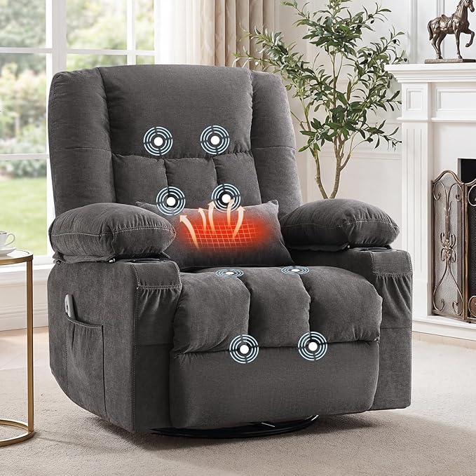 Swivel Recliner Chair for Adults with Vibration Massage and Lumbar Heat Ergonomic Rocking Chair for Living Room and Bedroom Featuring Side Pocket 2 Cup Holders &amp USB Charge Port