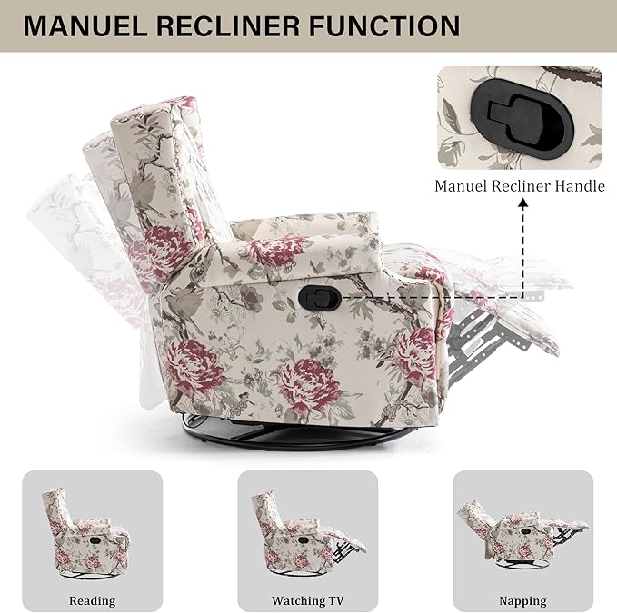 Swivel Rocker Recliner Chair Manual Nursery Glider Recliner Floral Fabric Wingback Accent Chair with Adjustable Backrest &amp Footrest for Small Spaces Living Room Bedroom (Plants Floral Set of 2)