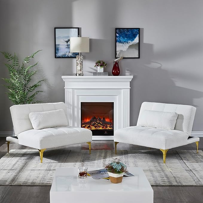 71 Sectional Sofa Bed Convertible Futon Couch with Adjustable Backrest Comfy Loveseat Sleeper with 2 Pillows Modern Armless Love Seat with Gold Metal Legs for Small Living Room Bedroom White