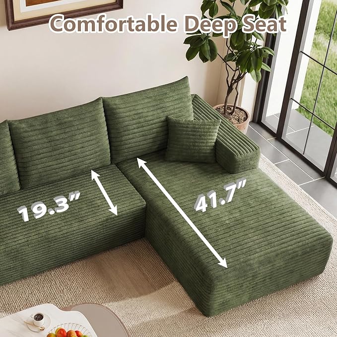 95 Cloud Sectional Couch with L-Shape Chaise Modular Comfy Sofa Chaise Longue Upholstered Corduroy Couches Sleeper with Deep Seat for Living Room Bedroom No Assembly Required(Green Right Facing)