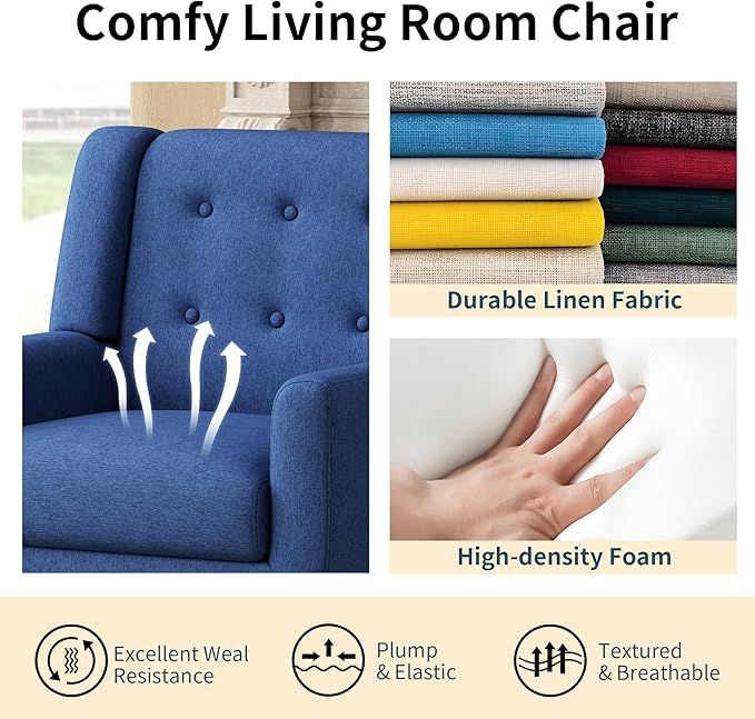 Accent Chairs Mid-Century Modern Upholstered Living Room Armchair Comfy Oversized Linen Fabric Single Reading Arm Chair with Tufted Back and Wood Legs for Bedroom Club (1 Navy)