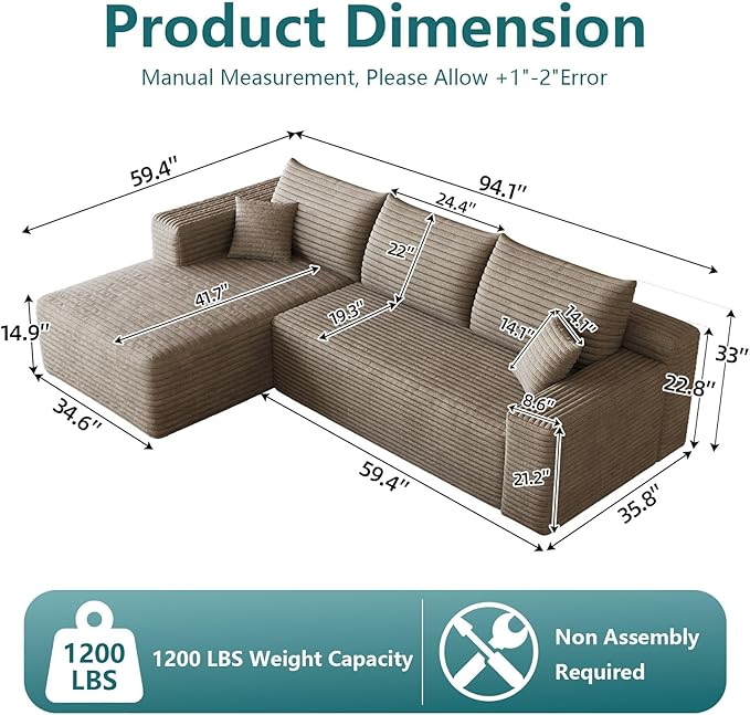 95 Cloud Sectional Sofa Boneless Couch for Living Room Modular Sectional Sofa with Deep Seat Fluffy Comfy Corduroy Couch with L-Shaped Chaise No Assembly Required (Camel Left Facing)