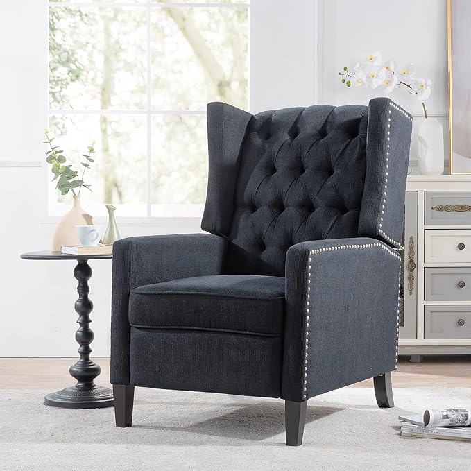 Black Fabric Recliner Chair for Adults Accent Wingback Chair Mid-Century Modern Recliner Tufted Chairs Living Room Armchair for Bedrooms Reading Recliner 27 Wide