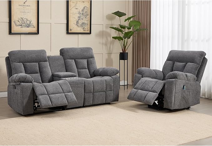 CANMOV Recliner Sofa Set Power Lift Recliner with Massage&ampHeat and Loveseat Set Reclining Sofa with Storage ConsoleHidden Cup Holders for Living Room Grey