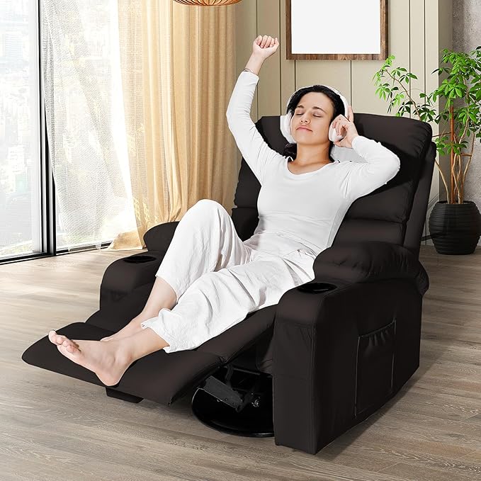 LEVELEVE Rocking Recliner Chair Massage Rocker Recliner Chair with Vibration Massage and Heat 360° Swivel Recliner Chairs Living Room Bedroom Nursery RV Brwon