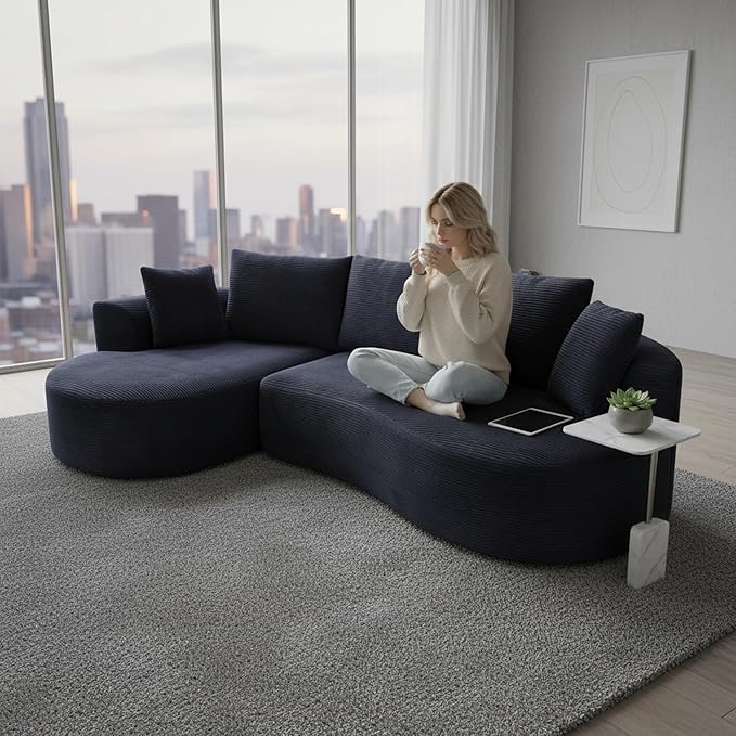 ERYE Oversized Curved Tight Backrest Sofa Floor Boneless Modular Foam Sofa Couch with Left Facing Chaise Lounge and 5 Pillows Corduroy Upholstered No Assembly Required