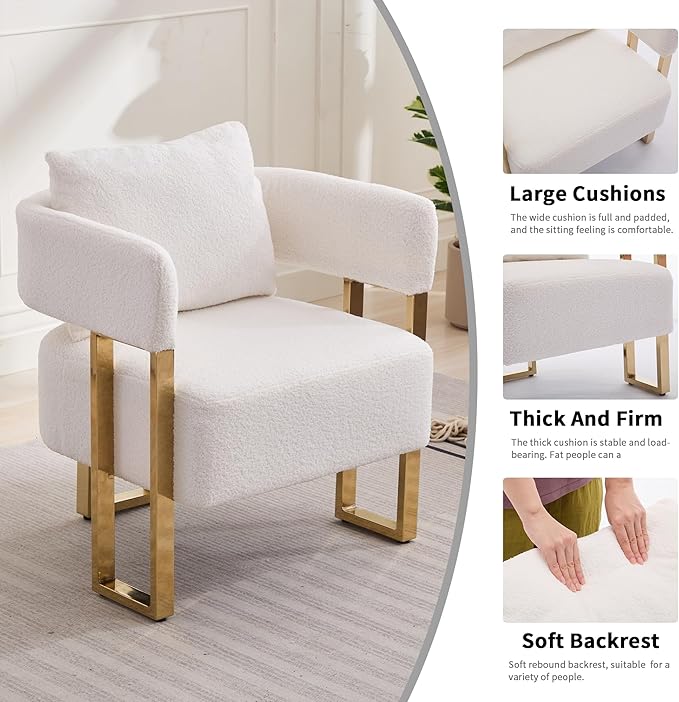 YISHENG Modern Barrel Accent Chairs Set of 2 Living Room Side Chairs with Golden Metal Legs Soft Upholstered Reading Armchairs no Wheels for Vanity/Reception Room//Bedroom/Lounge/Office White Teddy