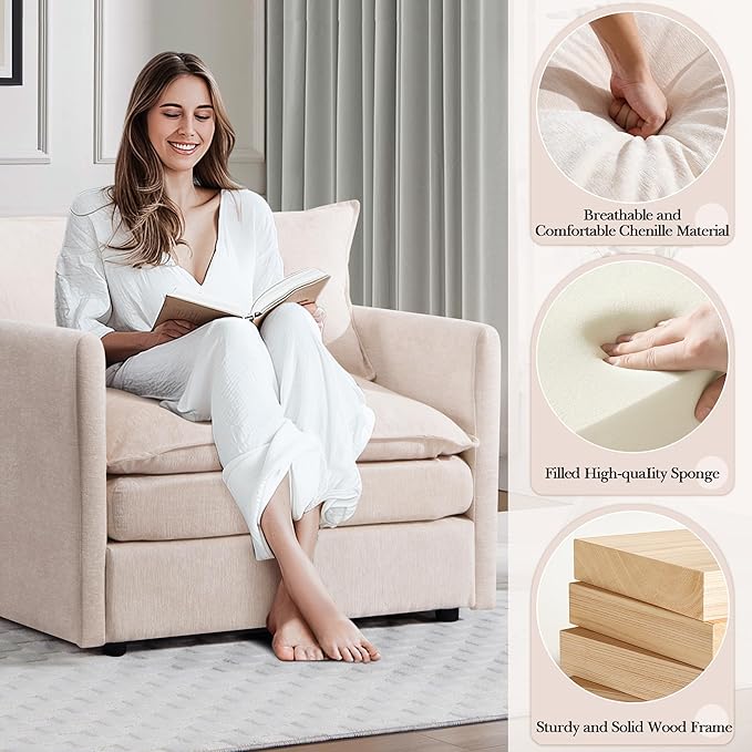 SLEERWAY Oversized Chair with Ottoman Set Modern Comfy Chenille Living Room Large Single Cloud Couch Accent Lounge Chair Indoor and A Half for Bedroom Office Apartment Beige