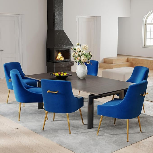 Dining Chairs Set of 6 Modern Velvet Dining Room Chairs with Gold Legs Upholstered Accent Chairs for Living Room/Restaurant/Study Room(Navy)