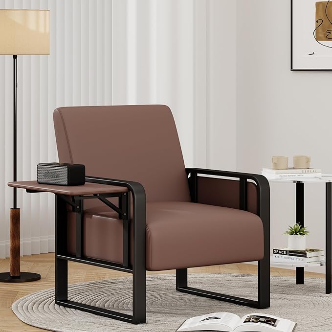 Aklaus Multifunctional Iron Frame Accent Chair with Foldable Side Table Reading Papasan Armchair with Extra Soft Cushion Oversized Chair for Living Room Office Bedroom Study (Brown Pack of 1)