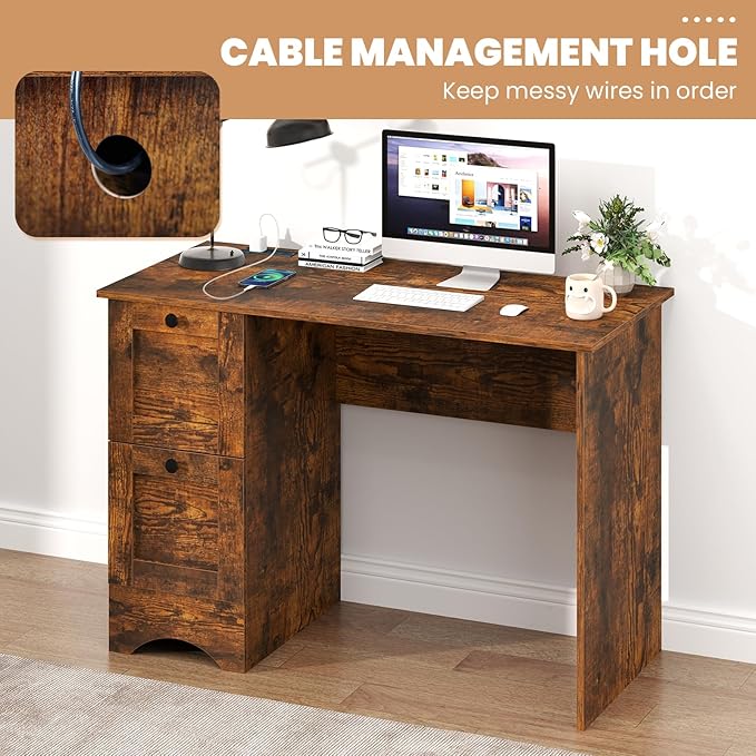 Computer Desk with Power Outlet and Drawers 43 Home Office Desks Farmhouse Writing Study Workstation for Teens Wooden Gaming Table Small Computer Desk for Small Spaces (Rustic Brown)