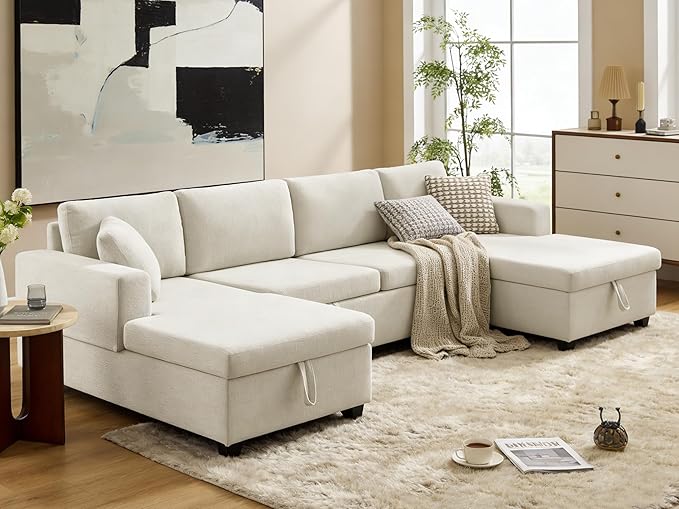 VANOMi U Shaped Sectional Sleeper Sofa with Pull Out Bed 113 Modular Sectional Sofa with Storage Chenille Couches for Living Room Apartment Office Beige | Large Storage Space with 2 Chaise with