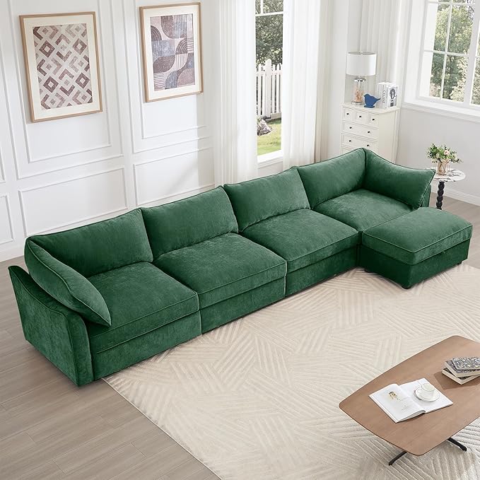 Modular Sectional Sofa with Pull Out Storage Drawers 146.4 L-Shaped Comfy Chenille 4-Seat Sofa with Storage Ottoman Upholstered Deep Seat Couch with 2 Armrest Pillows for Living Room Green