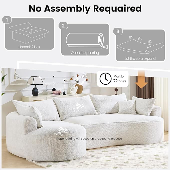 126” Oversized Curved Sectional Sofa L Shaped Chenille Boneless Couch with Deep Seat &amp 7 Pillows for Living Room Bedroom No Assembly Required (White)