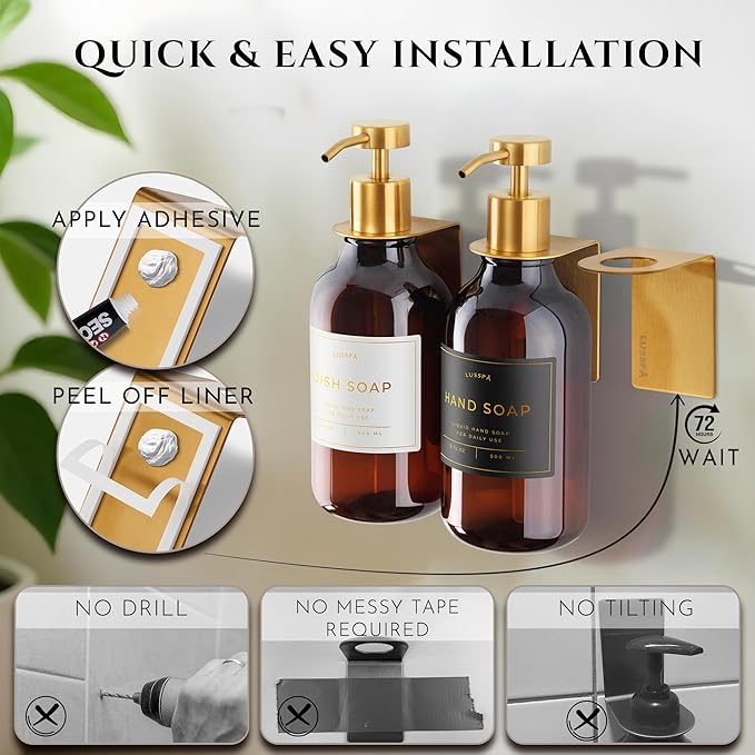 Shower Shampoo Dispenser Wall Mounted – 3 Refillable 16.9 oz Amber Bottles with Stainless Steel Pumps &amp No-Drill Adhesive Holders – Soap Dispenser Set for Bathroom (3 X Amber/Gold)