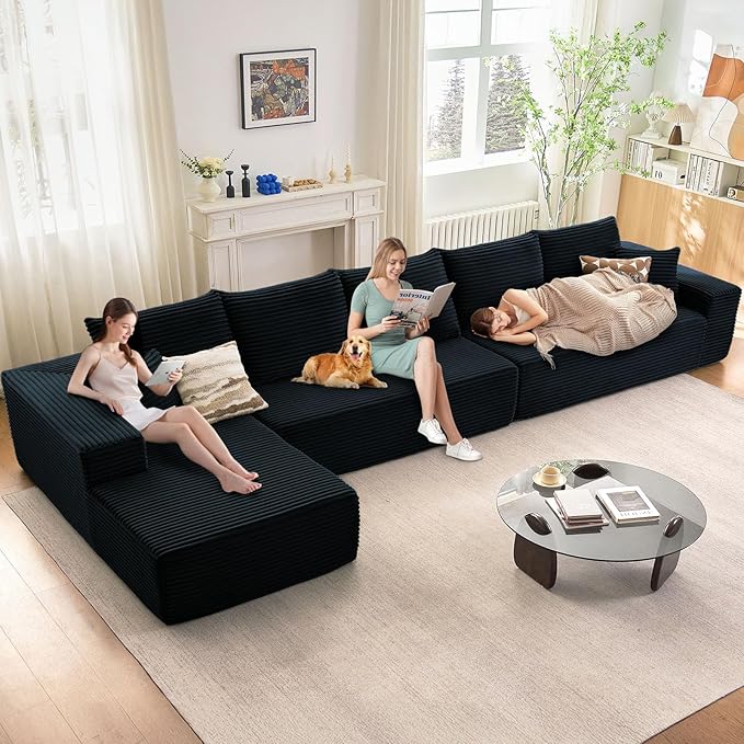 Cloud Modular Sectional Sofa for Living Room167x69.7 W Oversized L-Shaped Couch with 7 PillowsBig Comfy Couches SetFluffy Deep-Seat Corduroy Sofa with ChaiseNo Assembly (BlackLeft-Facing Chaise)